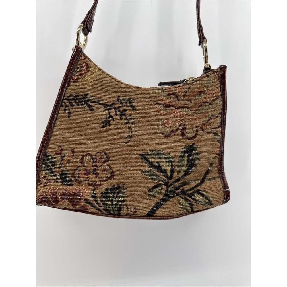 Liz Claiborne Brown & Lt Tan Floral Tapestry Fabric Leather Trim Gold Thread - Picture 2 of 7